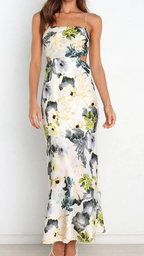 Vestido largo de satén con estampado floral y elegante | Bella Brisa