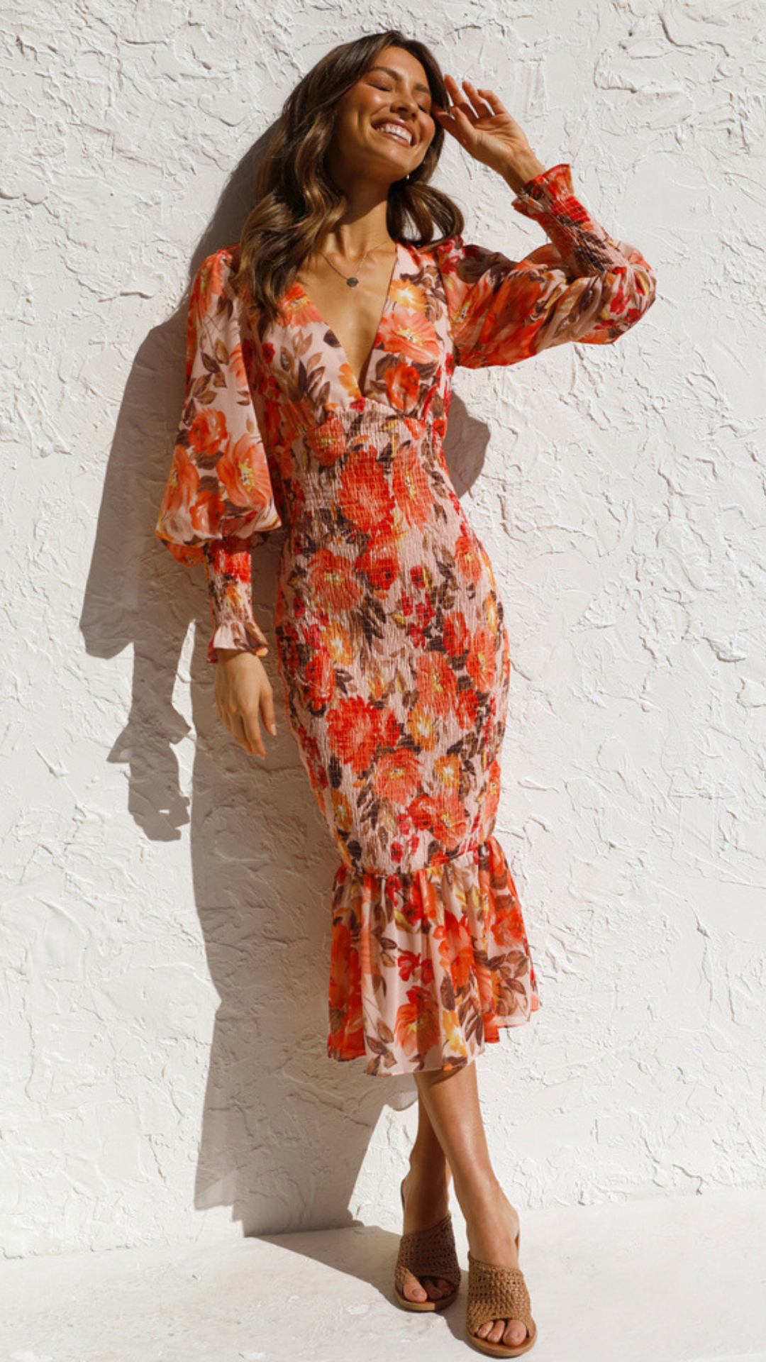 Vestido de manga larga floral naranja