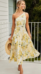 Vestido largo con estampado floral amarillo y un solo hombro