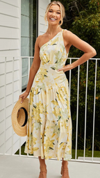 Vestido largo con estampado floral amarillo y un solo hombro