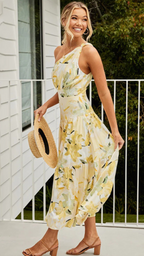 Vestido largo con estampado floral amarillo y un solo hombro