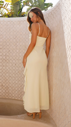 Vestido largo con abertura y volantes con efecto torcido Lemon