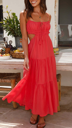 Vestido largo fruncido con cordones en Rojo