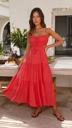 Vestido largo fruncido con cordones en Rojo