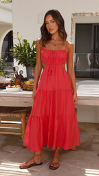 Vestido largo fruncido con cordones en Rojo