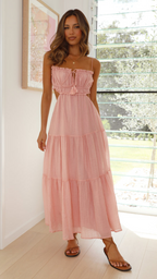 Vestido largo fruncido con cordones en Rosa