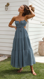 Vestido largo fruncido con cordones en Azul