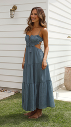 Vestido largo fruncido con cordones en Azul