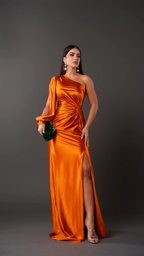 Vestido satinado de un solo hombro con nudo en la cintura