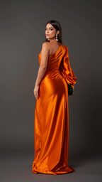 Vestido satinado de un solo hombro con nudo en la cintura