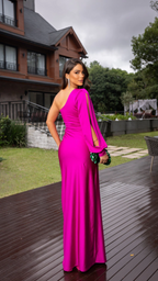 Vestido satinado de un solo hombro con nudo en la cintura