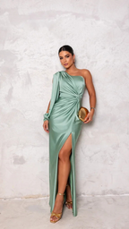 Vestido satinado de un solo hombro con nudo en la cintura