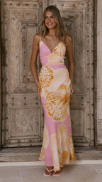 Vestido largo con copa triangular y flores