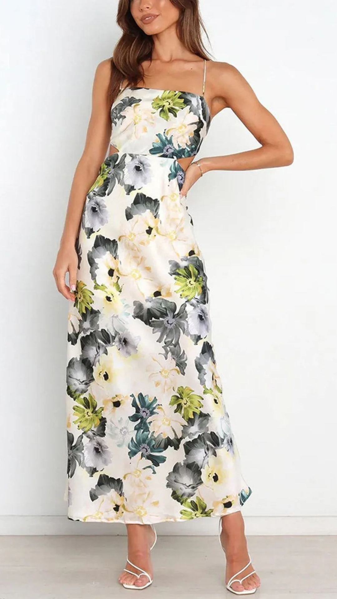 Vestido largo de satén con estampado floral y elegante | Bella Brisa